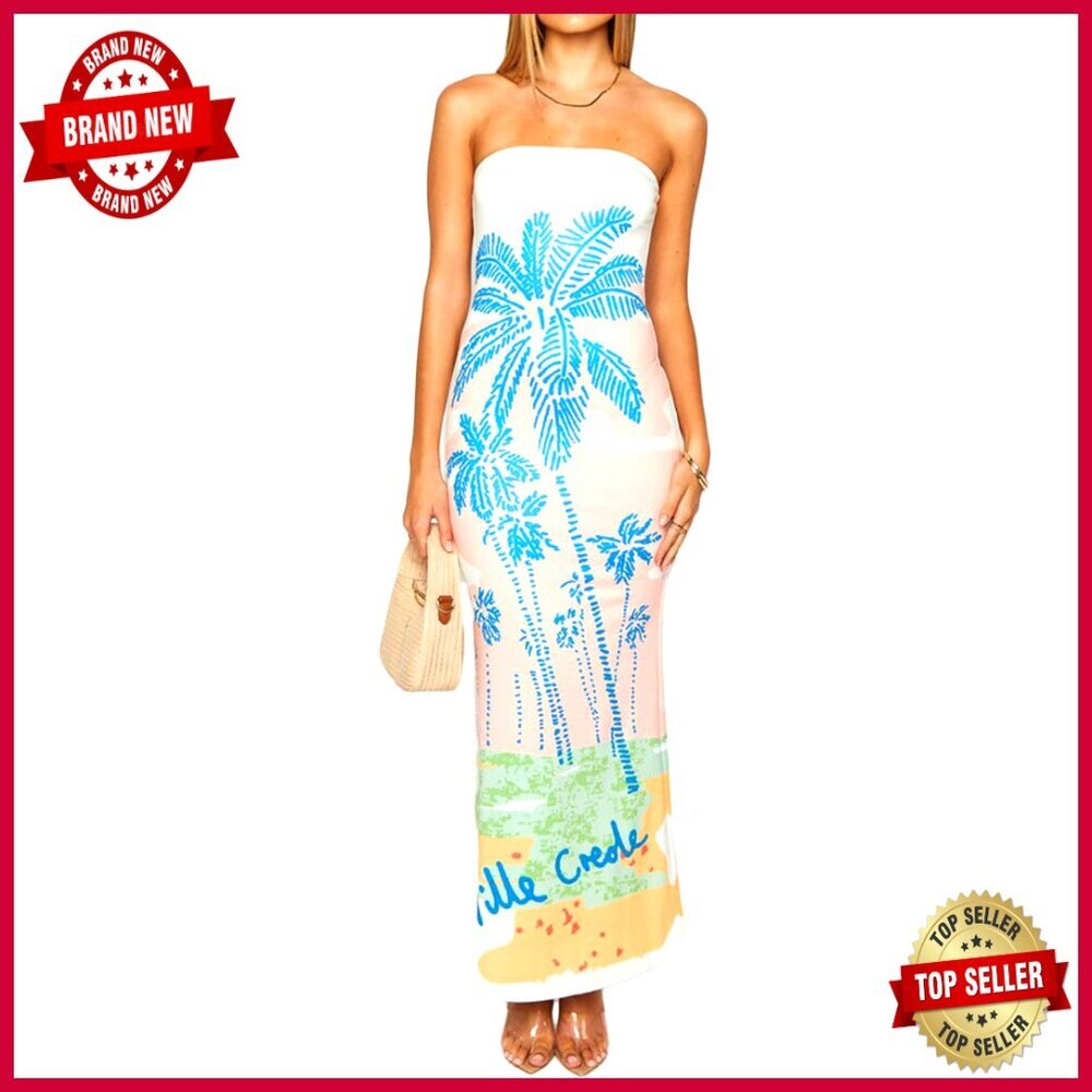 Strapless Bodycon Maxi Dress Floral Print Summer Wedding Guest Party